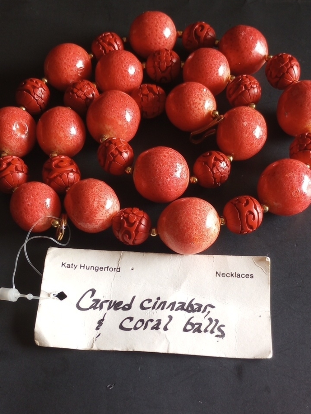 KATY HUNGERFORD RED SPONGE CORAL CARVED CINNABAR LARGE BEADS NECKLACE 26" LONG